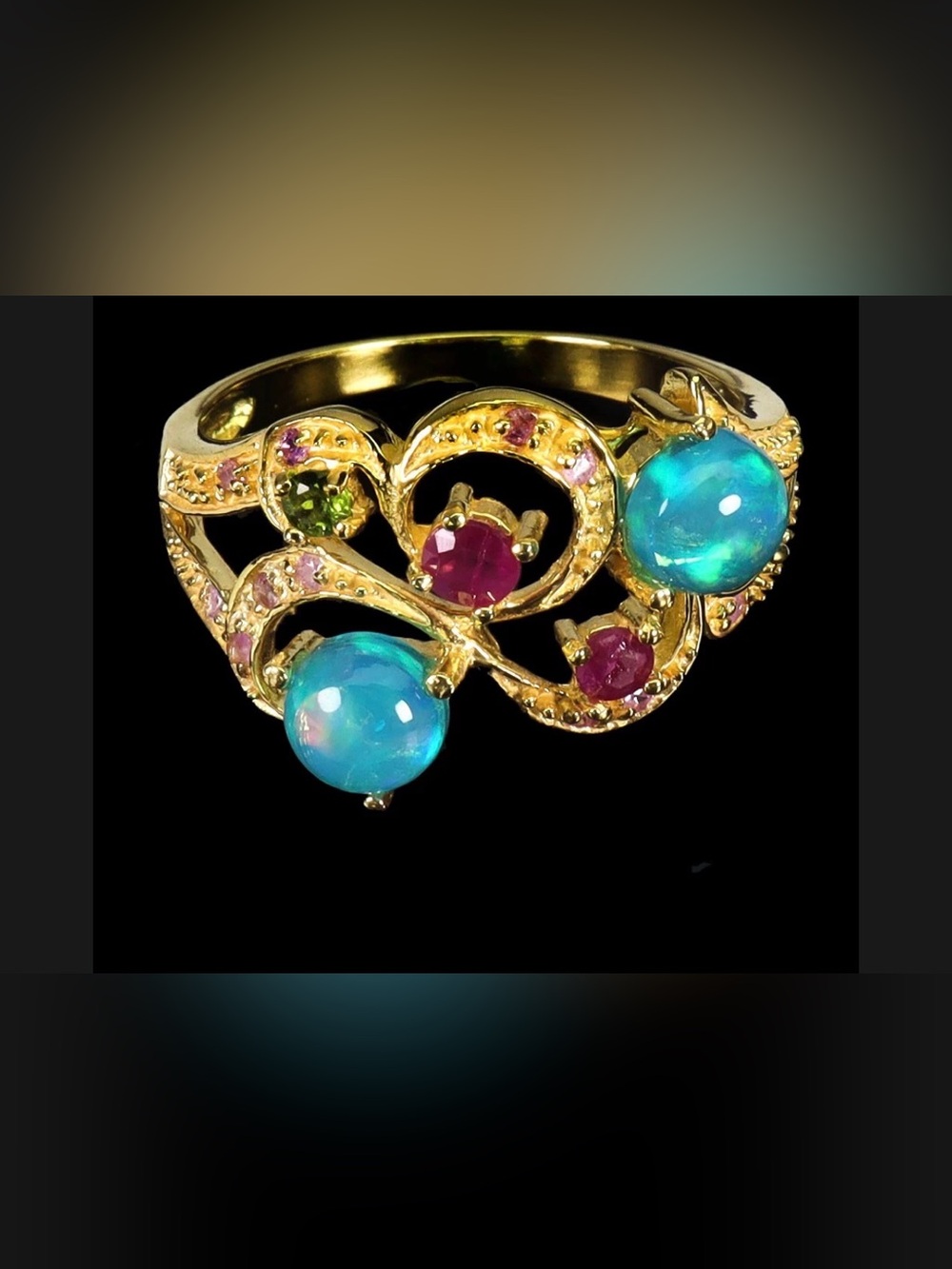 Beautiful Blue Fire Opal, Ruby, Chrome Diopside in 14K Yellow GP Ring Size 7